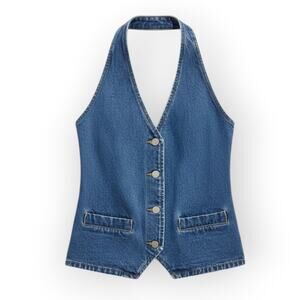 Commense Denim Halter Vest Top XL Back Tie Button Front Longline Modern Chic NWT